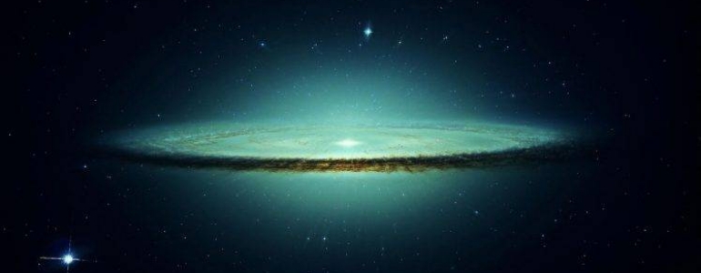 A Sombrero Galaxy is shining with a green light in an open space.
