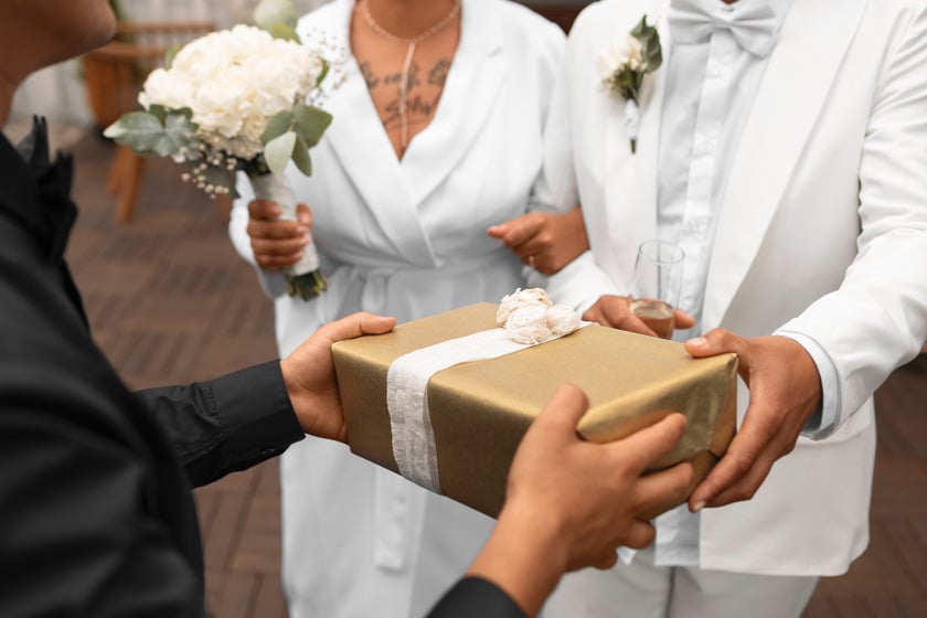 Wedding couple accepting a gift box