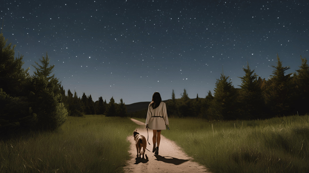 Woman walks her dog in nature on a starry evening