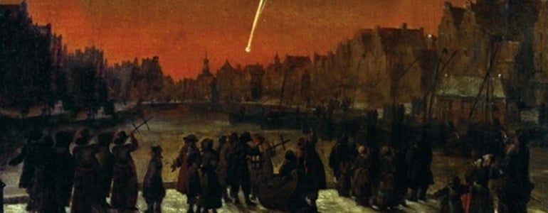 People in the renaissance period watch a meteor shower in a town.