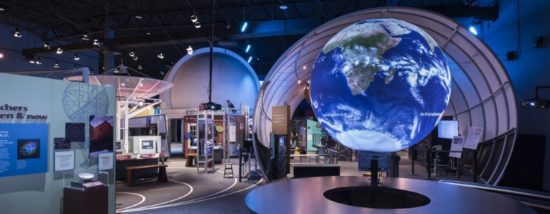 A modern exposition in The National Aeronautics and Space Administration space exploration science center.