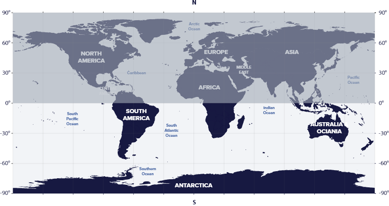 World map with latitudes showing the visibility of the Chamaeleon Constellation in the Southern and Northern hemispheres.