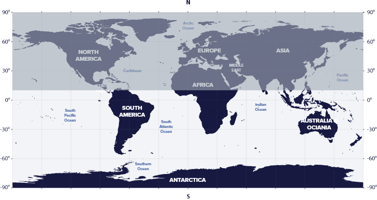 World map with latitudes showing the visibility of the Hydrus Constellation in the Southern and Northern hemispheres.