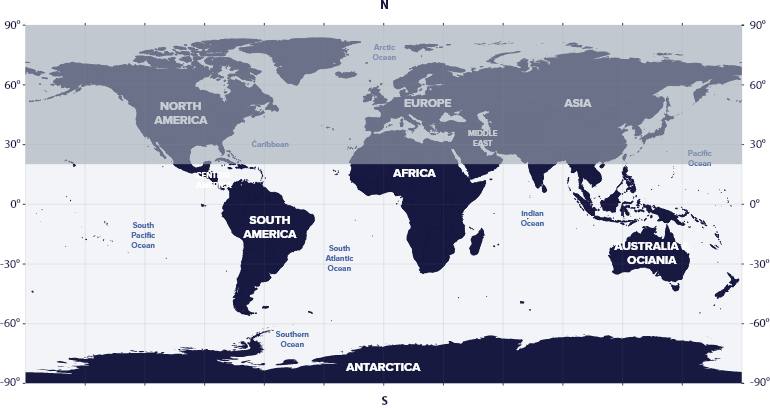 World map with latitudes showing the visibility of the Carina Constellation in the Southern and Northern hemispheres.