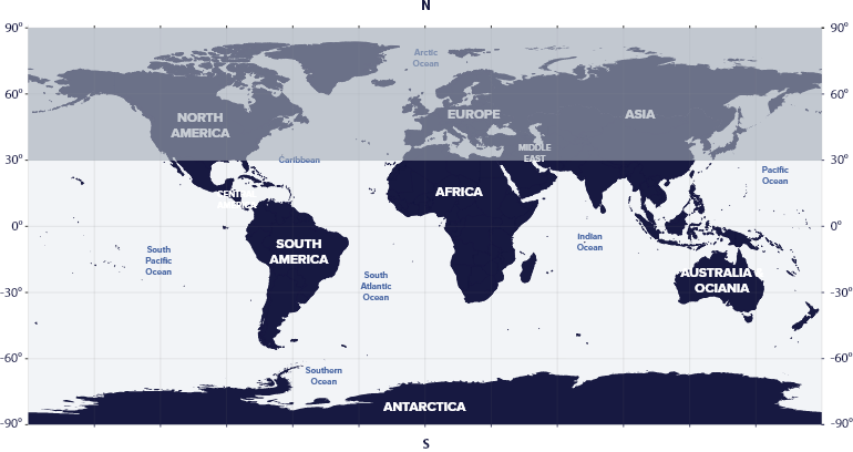 World map with latitudes showing the visibility of the Pavo Constellation in the Southern and Northern hemispheres.