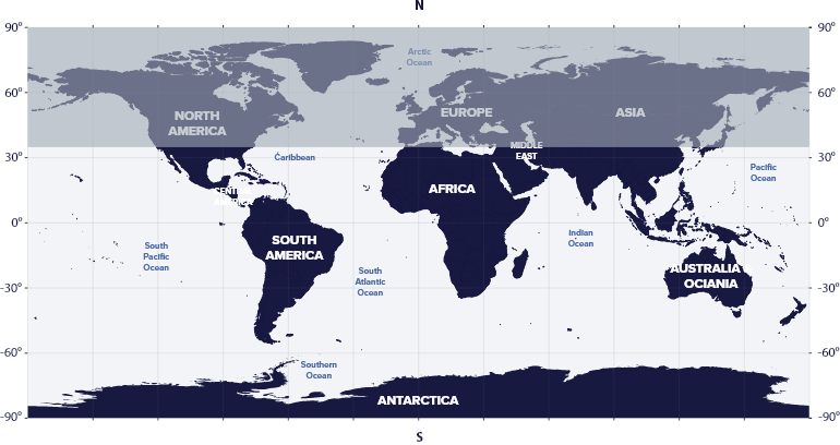 World map with latitudes showing the visibility of the Grus Constellation in the Southern and Northern hemispheres.