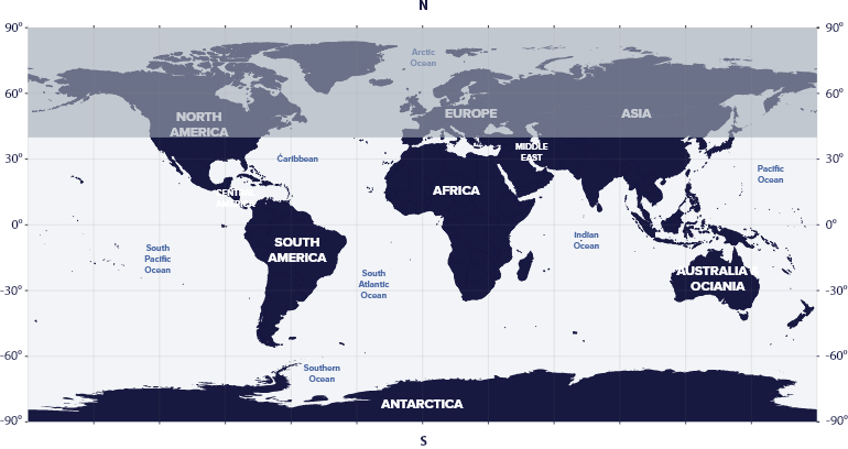 World map with latitudes showing the visibility of the Corona Australis Constellation in the Southern and Northern hemispheres.