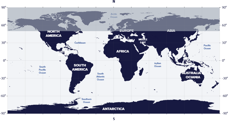 World map with latitudes showing the visibility of the Fornax Constellation in the Southern and Northern hemispheres.