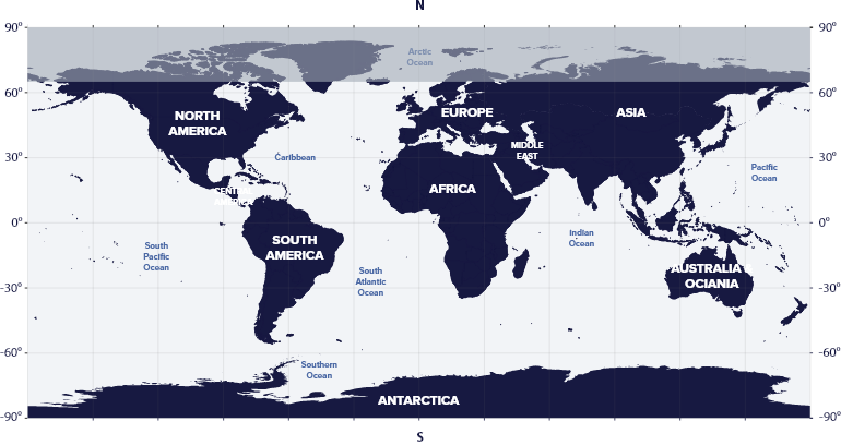 World map with latitudes showing the visibility of the Lepus Constellation in the Southern and Northern hemispheres.