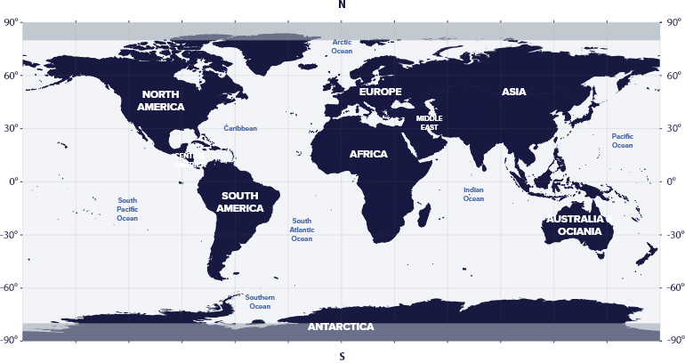 World map with latitudes showing the visibility of the Serpens Constellation in the Southern and Northern hemispheres.