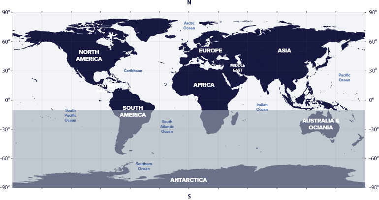 World map with latitudes showing the visibility of the Cepheus Constellation in the Southern and Northern hemispheres.