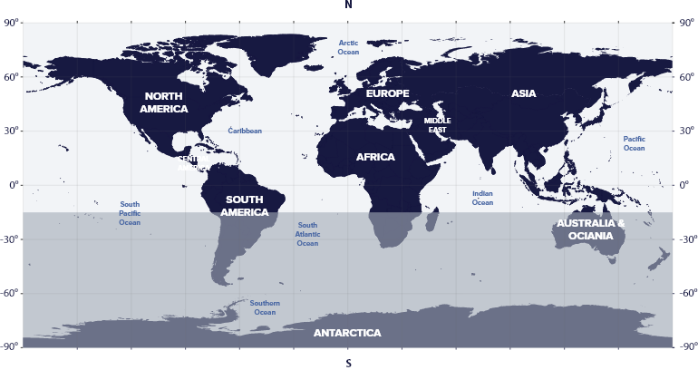 World map with latitudes showing the visibility of the Cassiopeia Constellation in the Southern and Northern hemispheres.