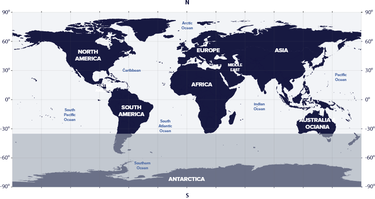 World map with latitudes showing the visibility of the Perseus Constellation in the Southern and Northern hemispheres.