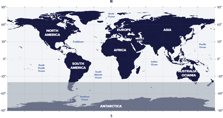 World map with latitudes showing the visibility of the Auriga Constellation in the Southern and Northern hemispheres.