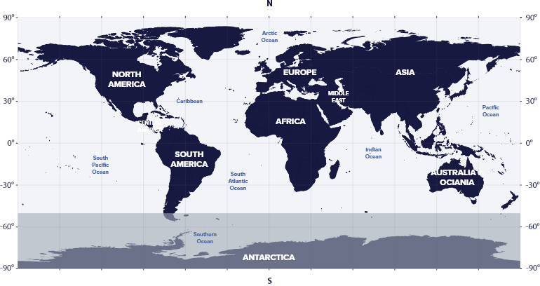 World map with latitudes showing the visibility of the Bootes Constellation in the Southern and Northern hemispheres.