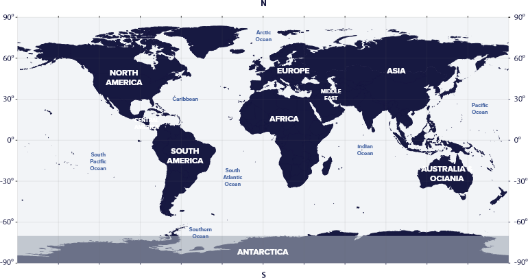 World map with latitudes showing the visibility of the Sagitta Constellation in the Southern and Northern hemispheres.