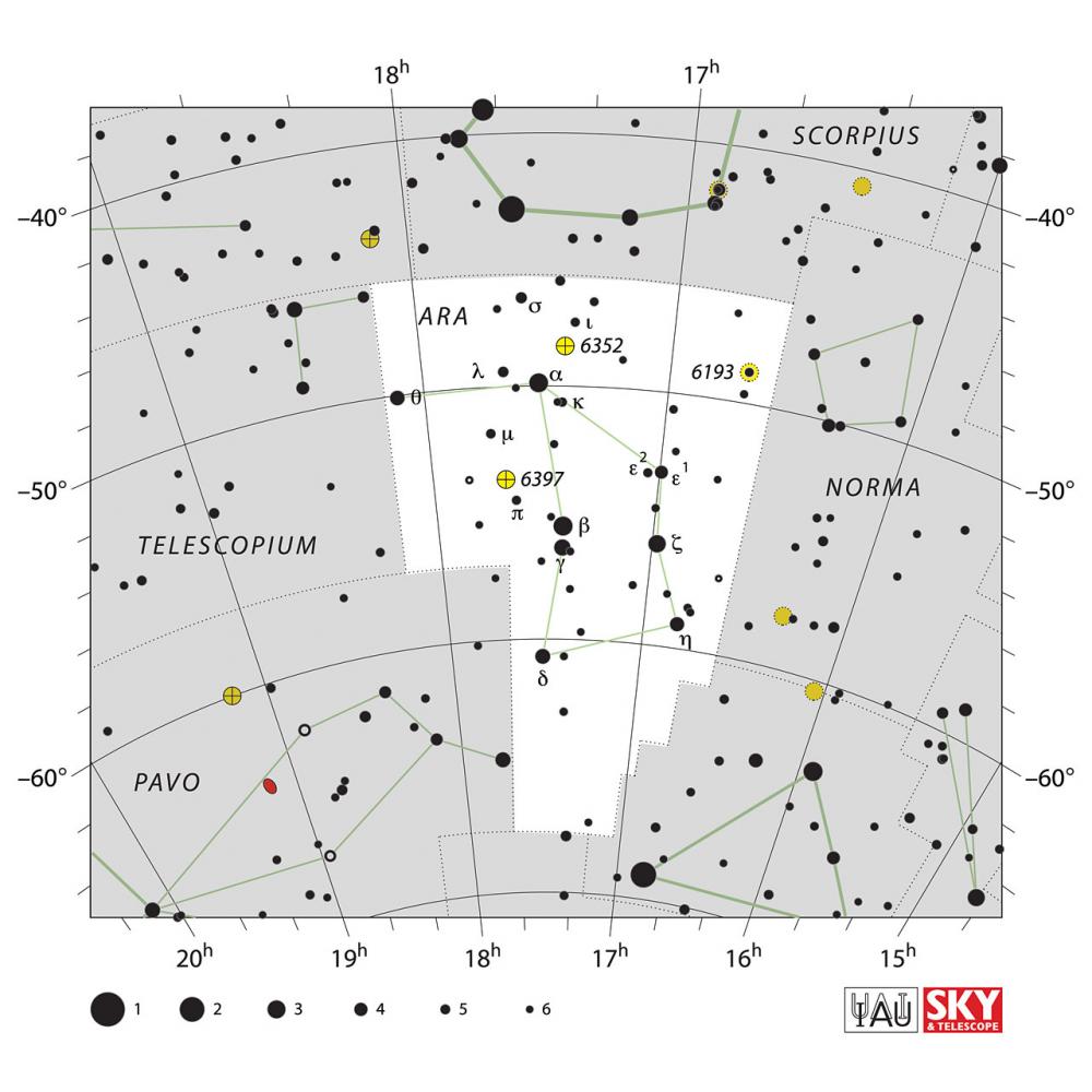 Die Lage vom Sternbild Altar wird in einer Sternkarte der IAU aus dem Magazin Sky & Telescope angezeigt.
