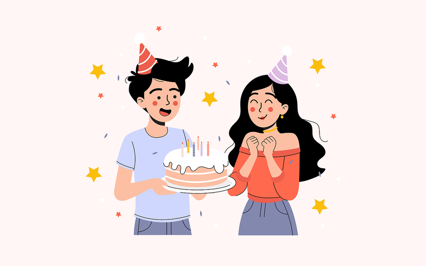 SketGraphic image of couple celebrating birthday with cake