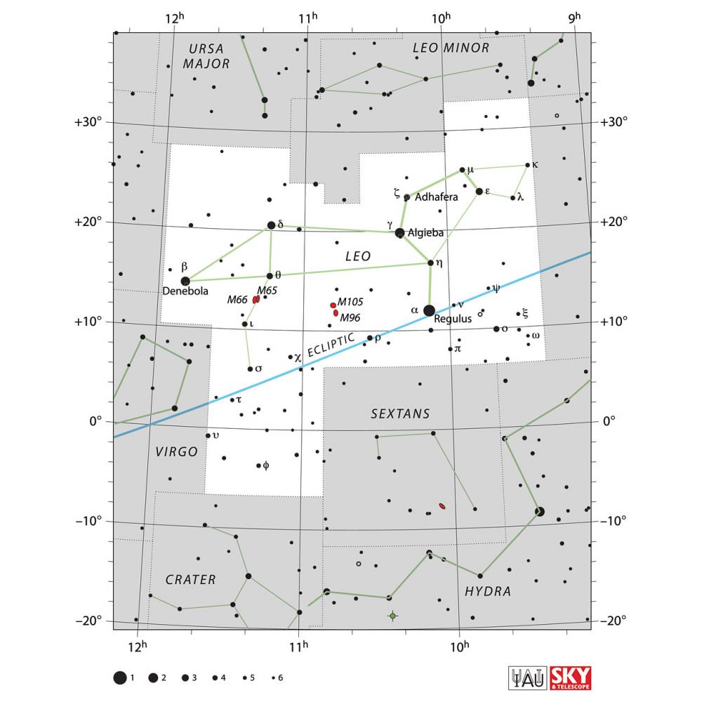 The location of the Leo Constellation is displayed in a star map by IAU from the Sky & Telescope magazine.