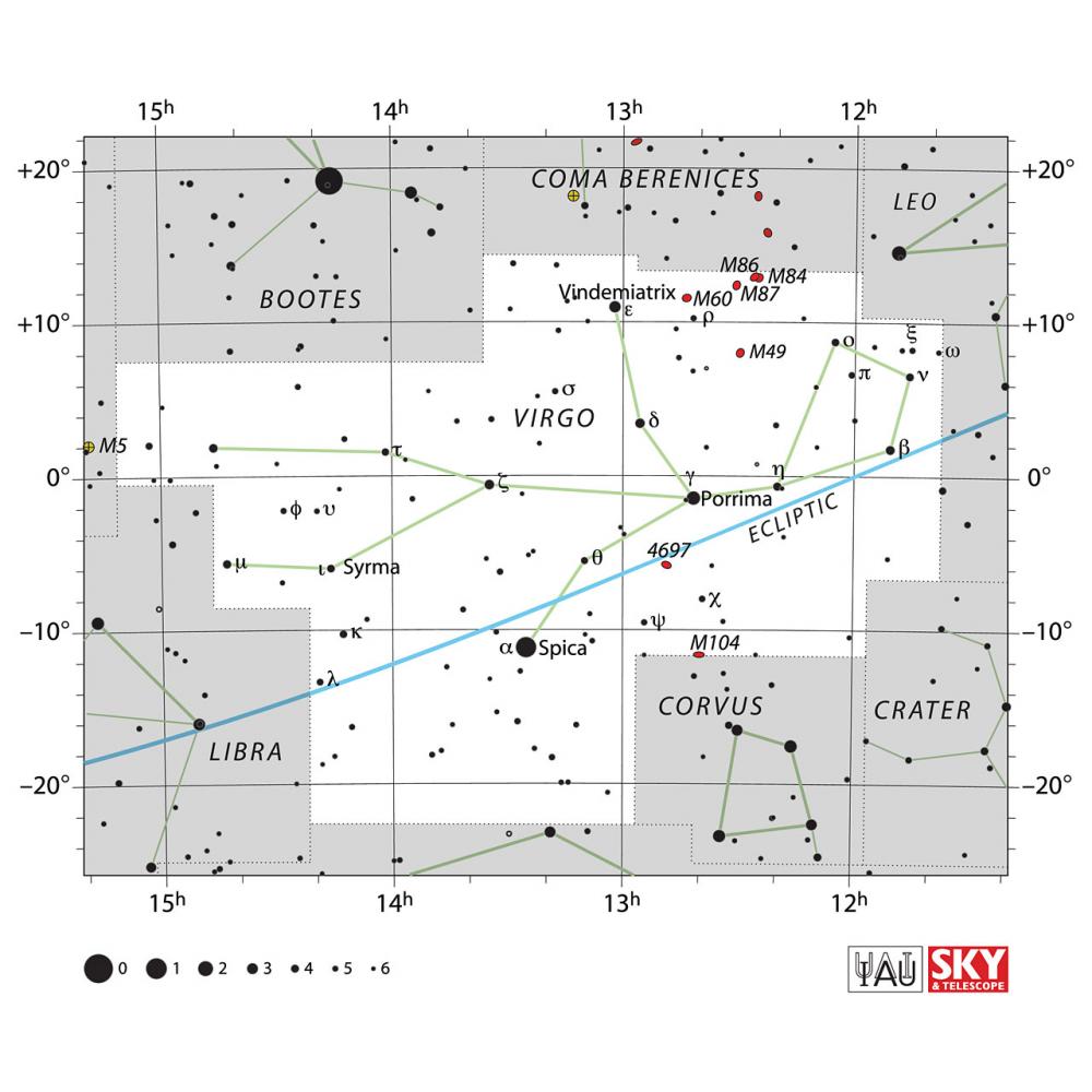 The location of the Virgo Constellation is displayed in a star map by IAU from the Sky & Telescope magazine.