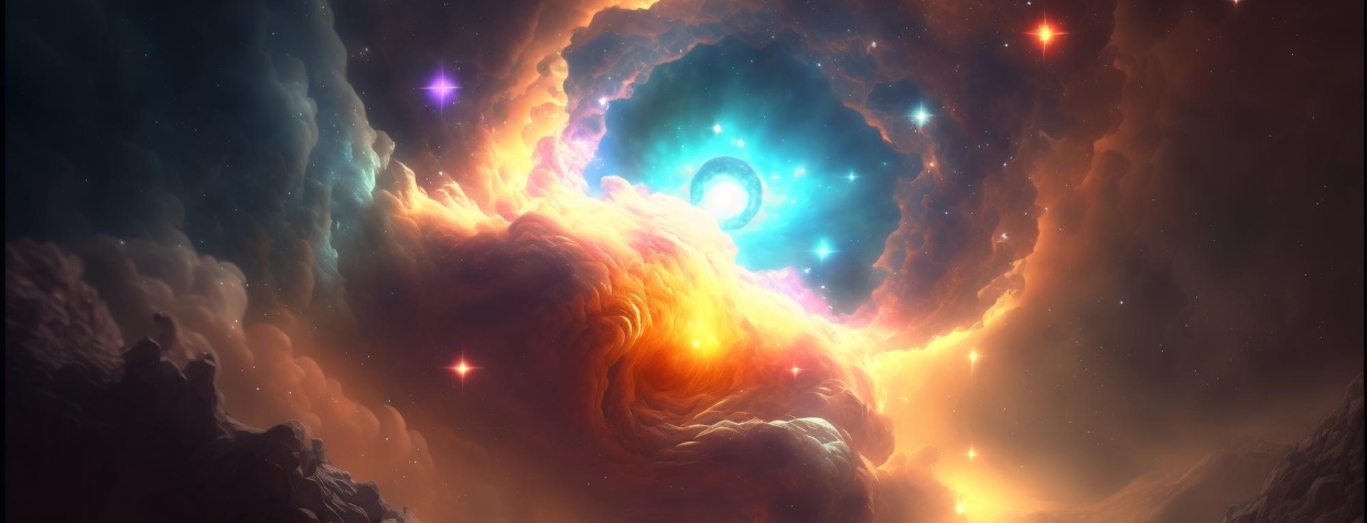 Yellow star surrounded by colorful dust clouds