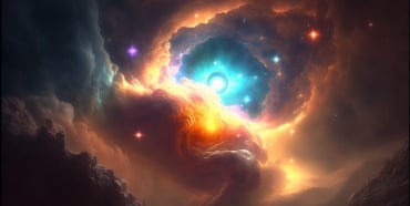 Yellow star surrounded by colorful dust clouds