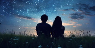 couple stargazing on night sky