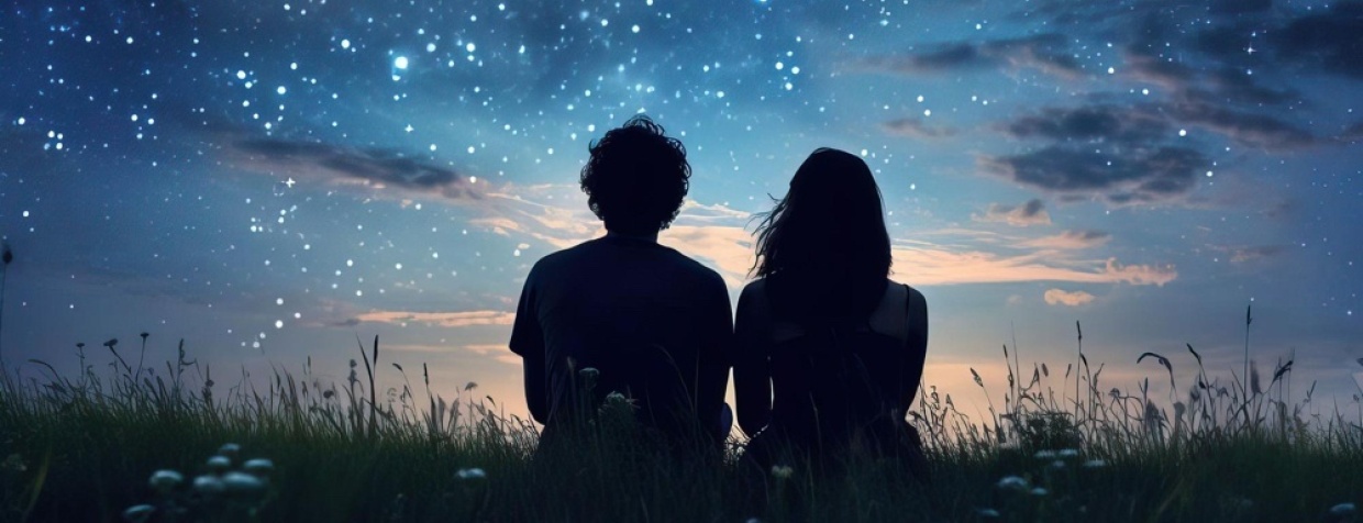 couple stargazing on night sky