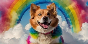 Dog in the clouds rainbow in the back side