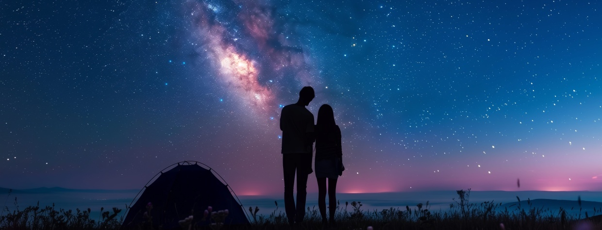 A silhouette of a couple looking into the starry night sky.