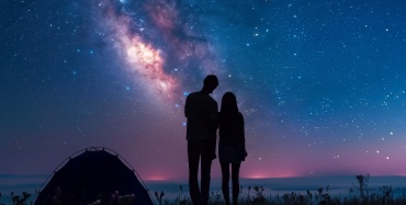 La silhouette di una coppia che guarda il cielo notturno stellato.