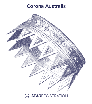 Starregistration.net adaption of a painting of Corona Australis Constellation from Uranographia celestial atlas by Johannes Hevelius.