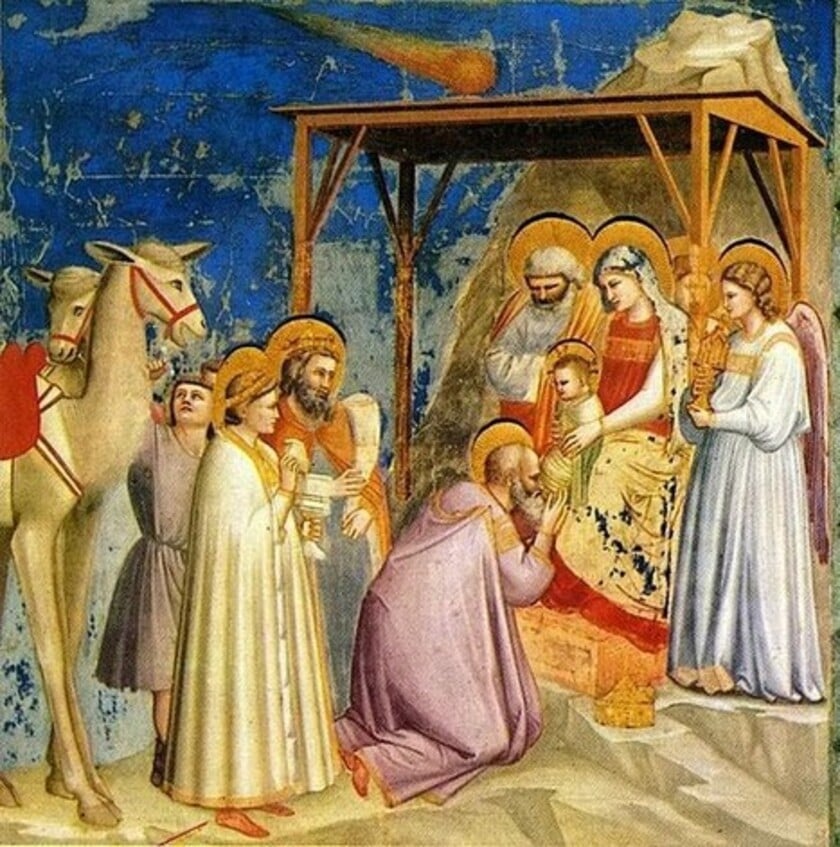 Florentine artists Giotto painting of the Nativity scene showing a comet in the background