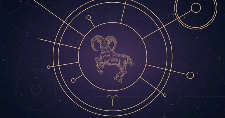 Aries zodiac sign painting and icon within a mystical wheel. 