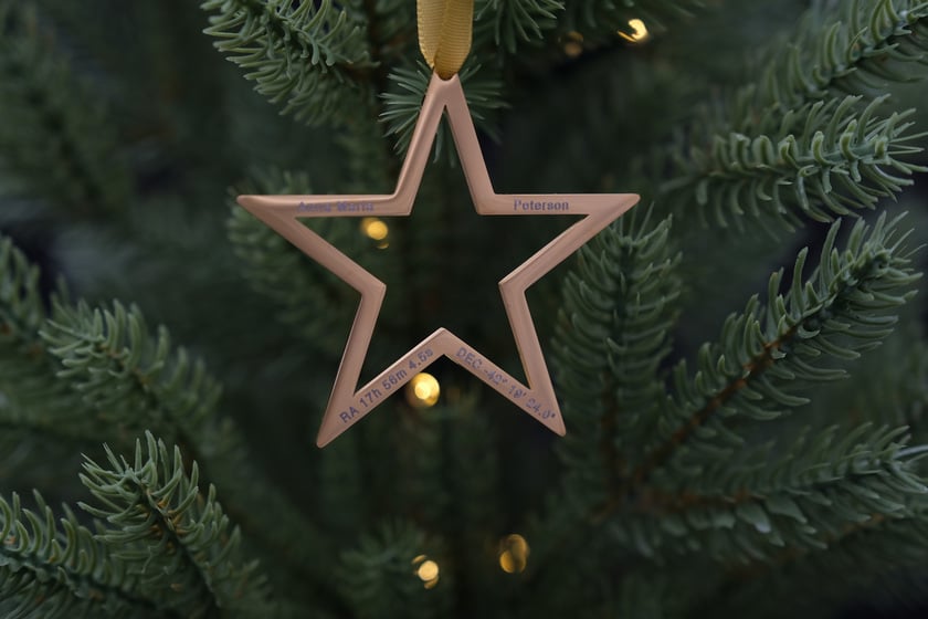 An engraved star hung up on a tree