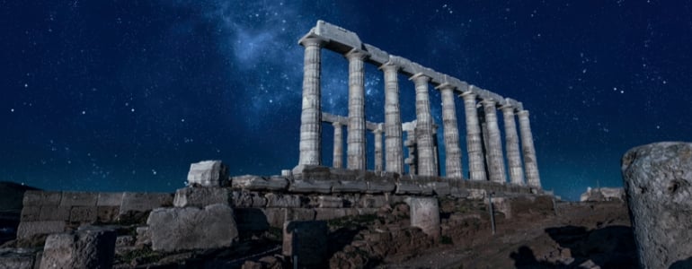 Acropolis of Athens in Greece under the starry night sky. 