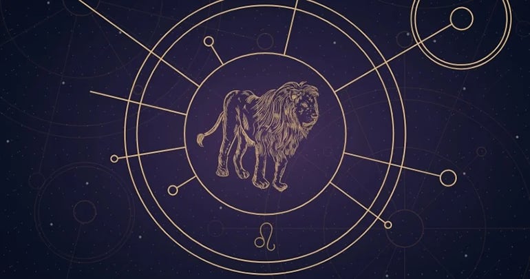 Leo zodiac sign painting and icon within a mystical wheel. 