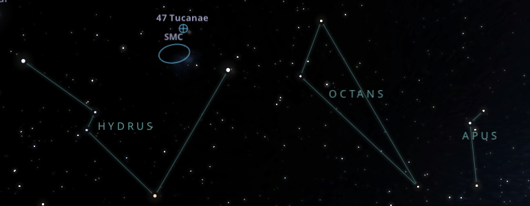 The shape and the main stars of Octans constellation alongside the neighboring constellations in outer space.