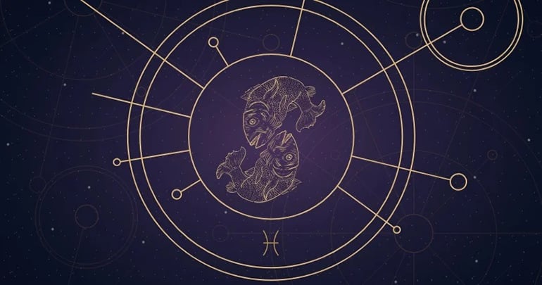 Pisces zodiac sign painting and icon within a mystical wheel. 