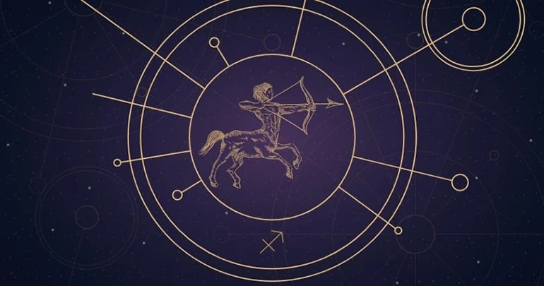 Sagittarius zodiac sign painting and icon within a mystical wheel. 