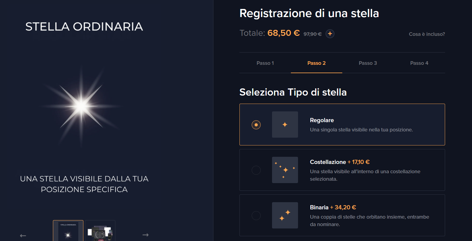 Seleziona il tipo di stella.