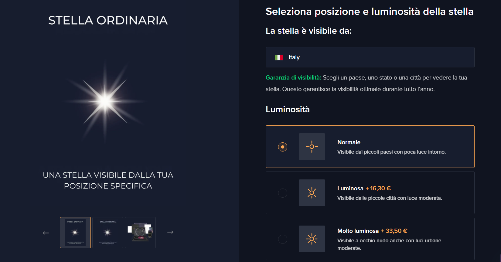 Seleziona posizione e luminosit&agrave; della stella.