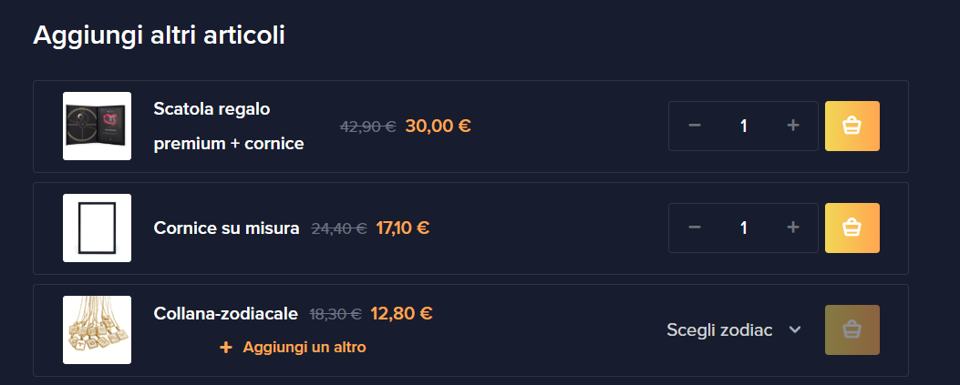 Aggiungi articoli extra al pacchetto di registrazione della stella.