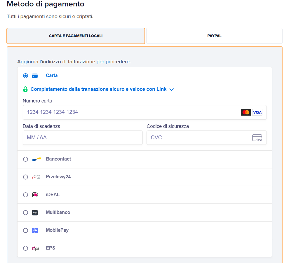 Scegli il metodo di pagamento.