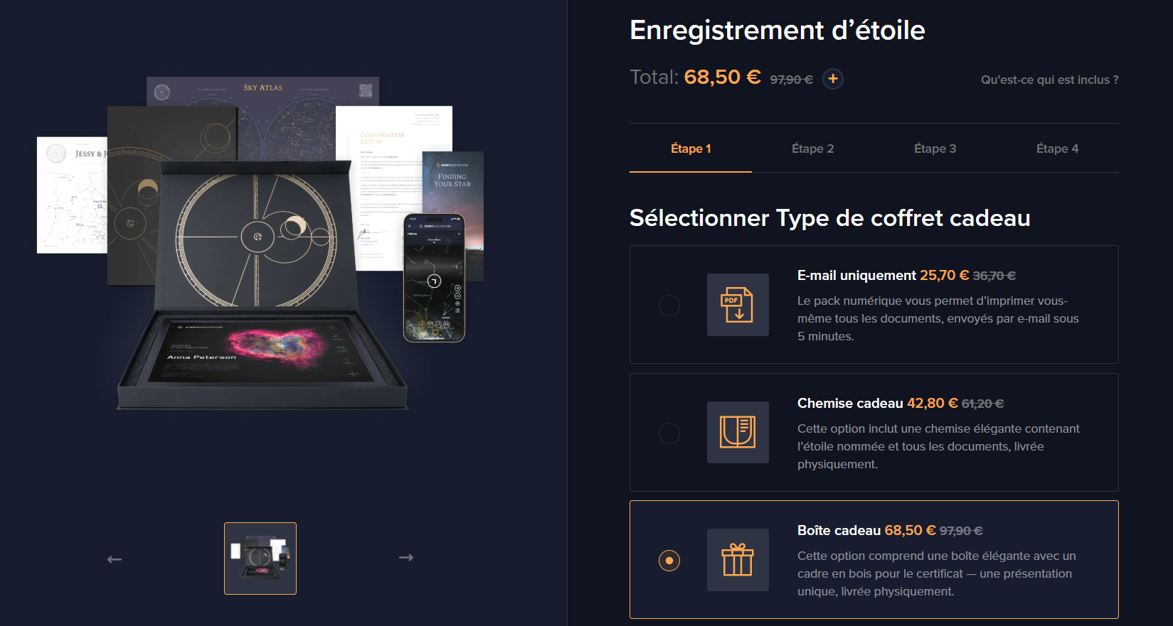 Types de forfaits d'enregistrement des &eacute;toiles.