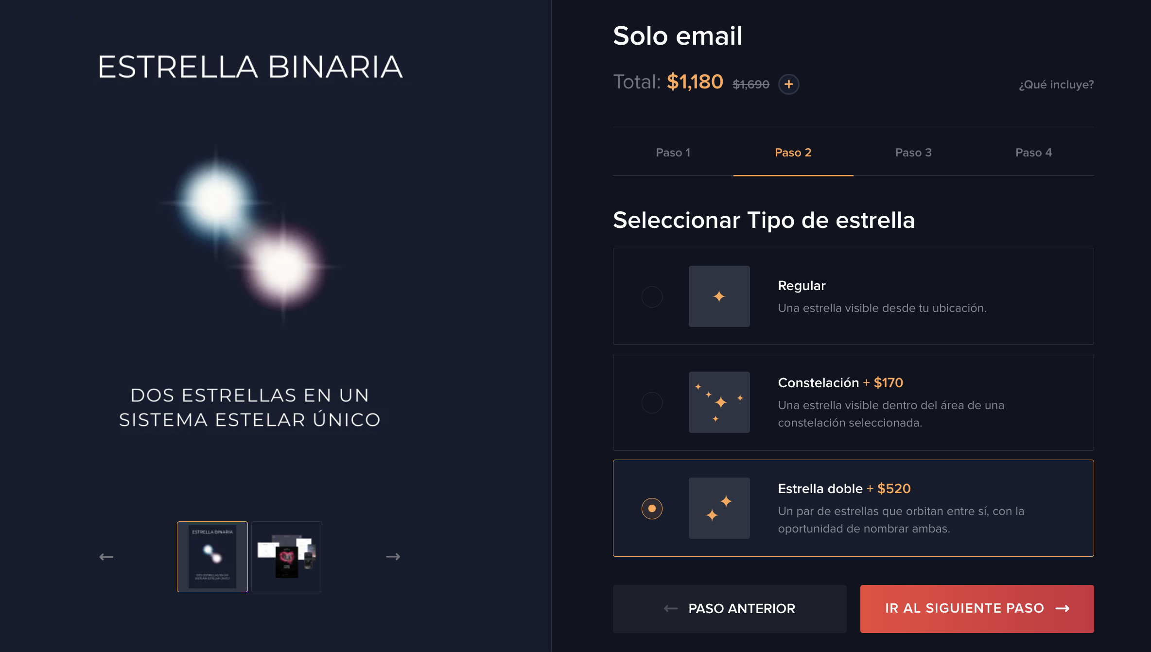 Instrucciones de d&oacute;nde elegir una estrella binaria en el proceso de compra.