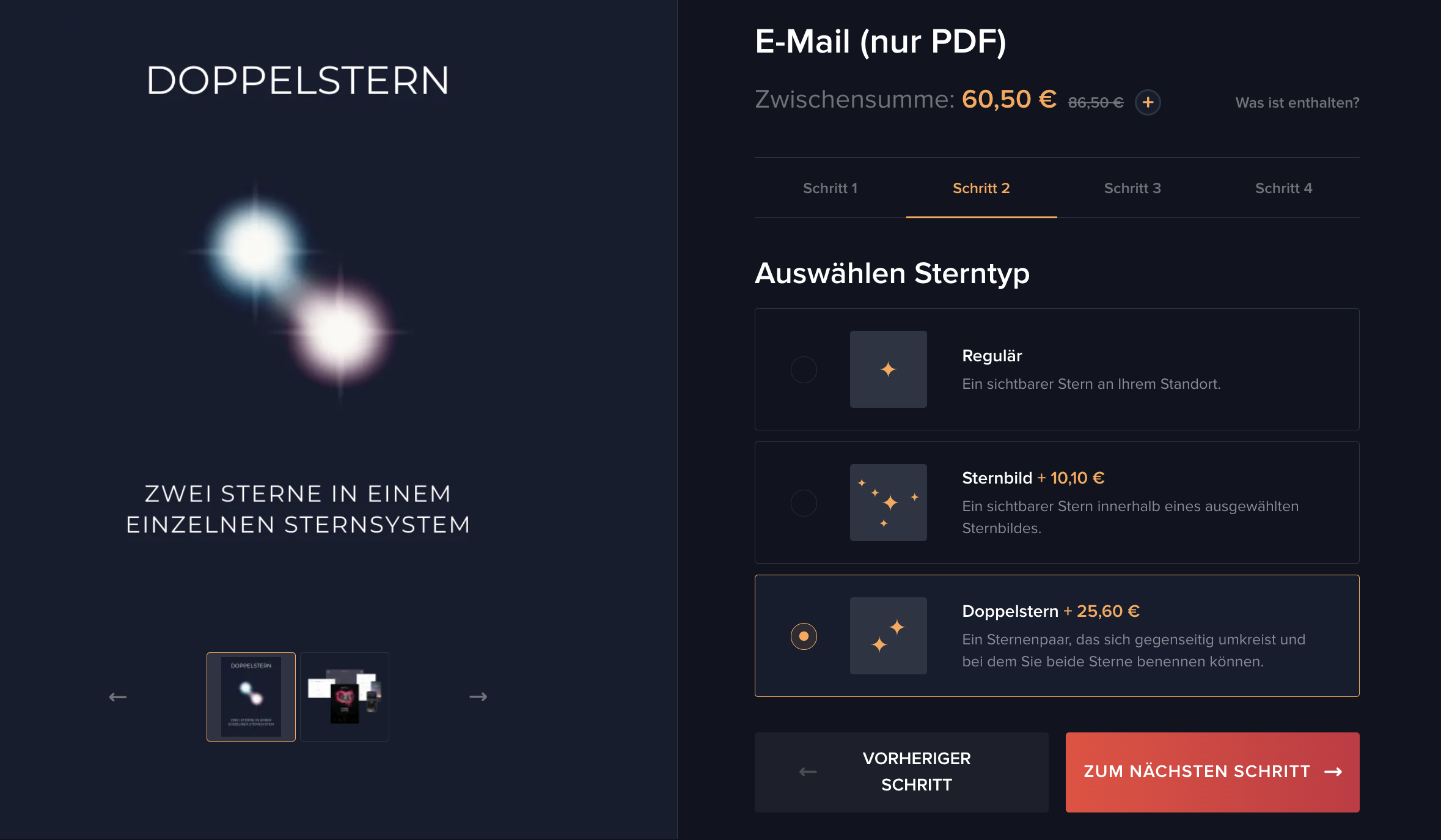 Anleitung, wo im Bestellprozess ein Doppelstern ausgew&auml;hlt werden kann.