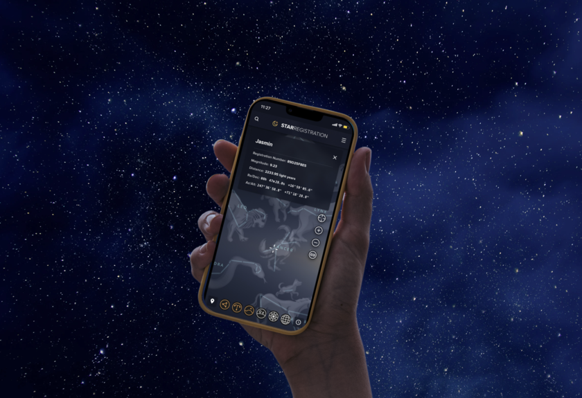 a phone with opened star finder app pointing at the sky