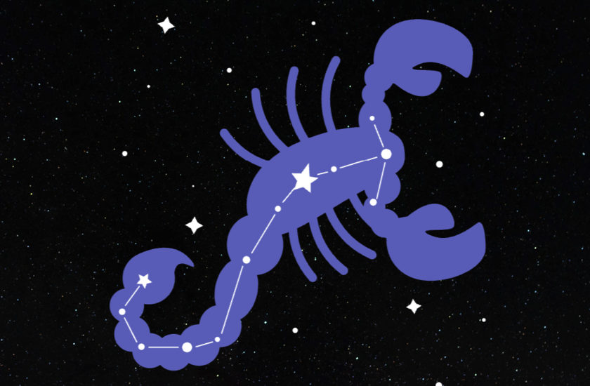 A graphic image of a scorpion in a starry night sky