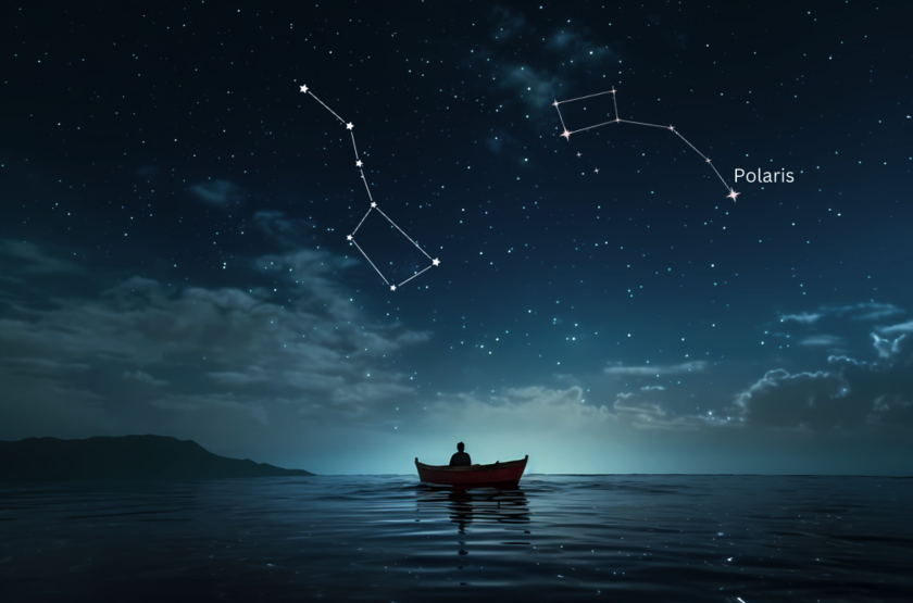 A person navigating their boat using star constellations